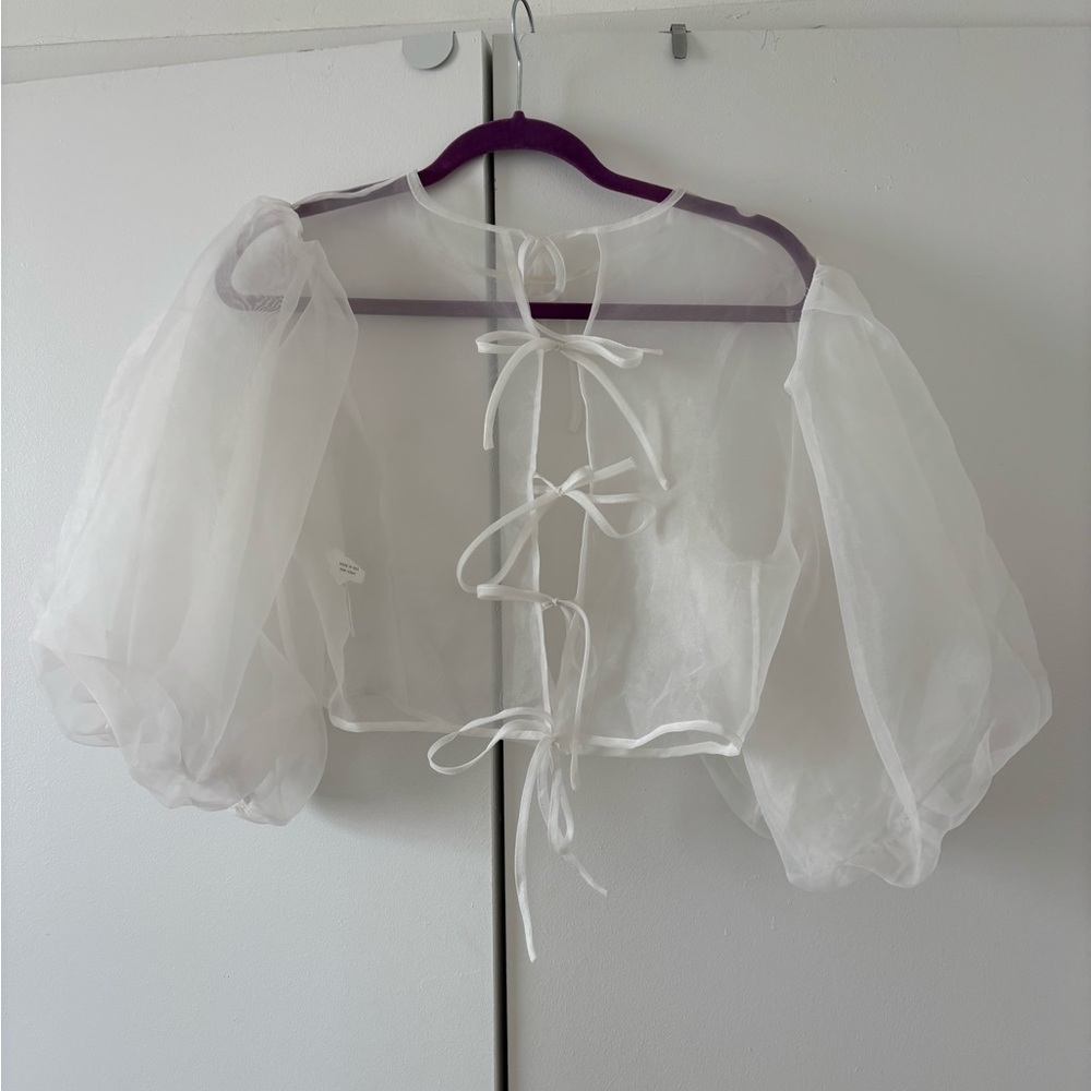 Amanda Uprichard White Puff Sleeve Tie Blouse